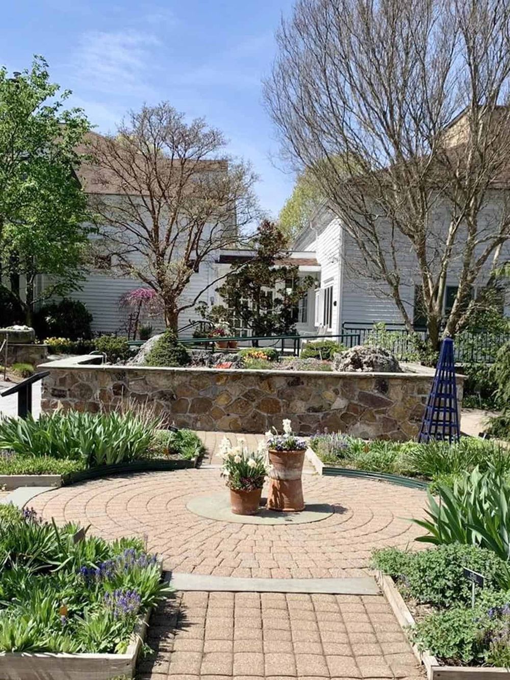 Colorful garden courtyard with blooming flowers and trees, peaceful outdoor space at QuestForDirections.