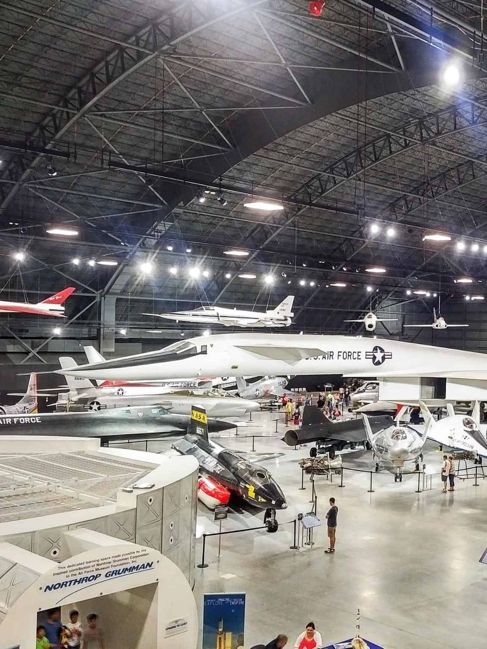 Vintage military aircraft and space exhibit at the Air Force Museum.
