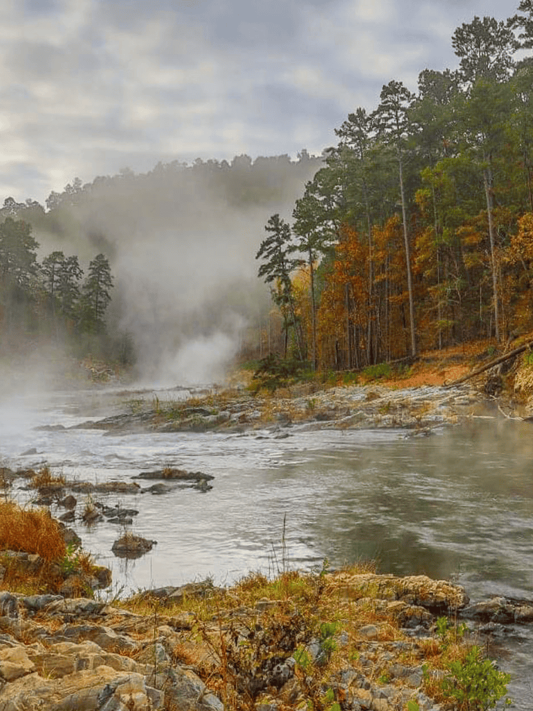 Misty river flowing through forested landscape with autumn foliage and foggy sky.