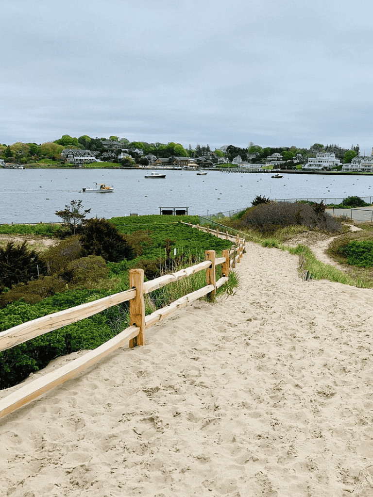 Serene coastal pathway leading to water with boats and residential houses in the background, scenic seaside view.