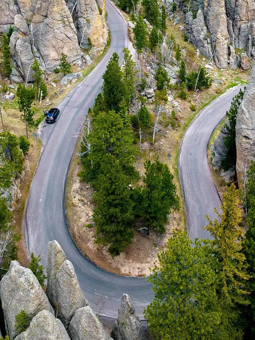 Winding mountain road through rocky cliffs surrounded by pine trees, scenic nature travel route.