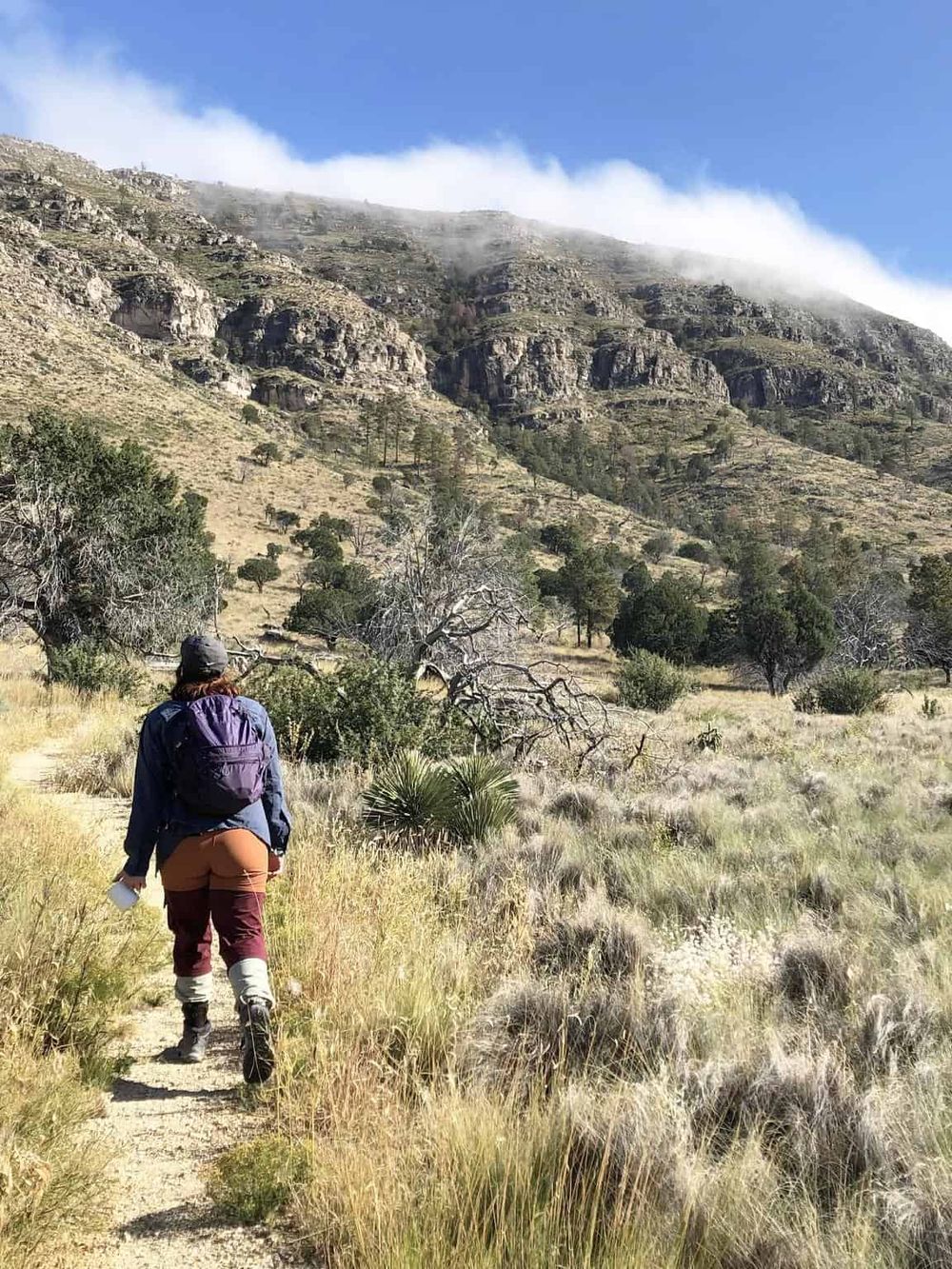 Hiker exploring mountain trail with scenic views of rugged terrain and cloudy sky.