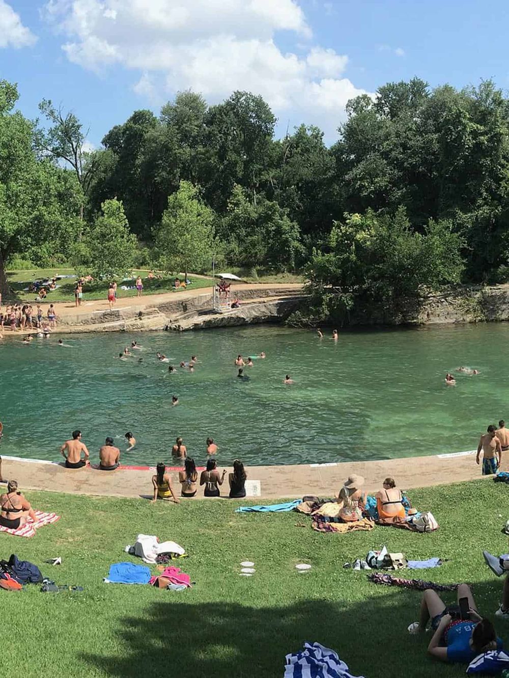 Swimming pool with people enjoying a sunny day, surrounded by trees and grass, ideal for outdoor recreation and relaxation.