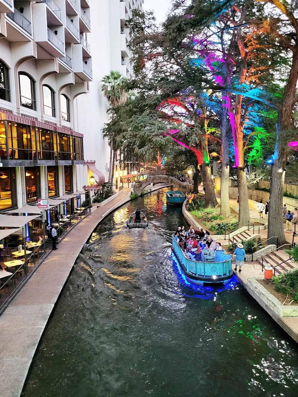 Colorful illuminated trees along a canal with boat cruise at night, outdoor dining, and cityscape view on QuestForDirections.
