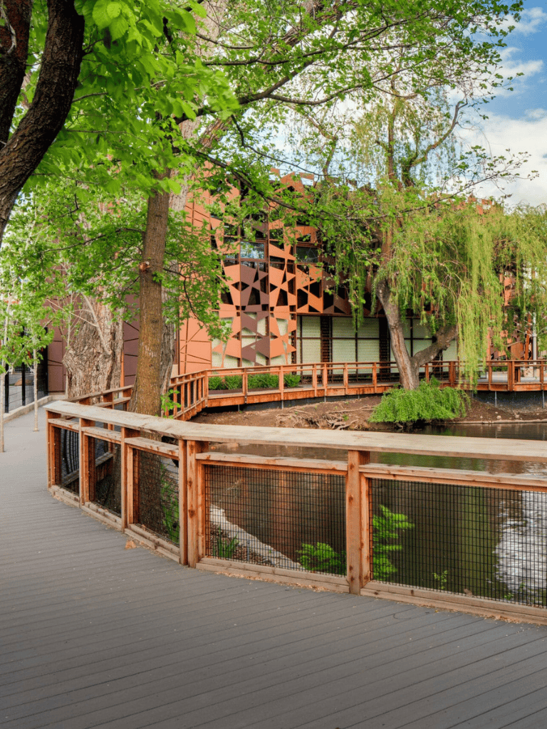 Contemporary building with geometric facade near water and green trees, offering scenic outdoor views and walking paths.