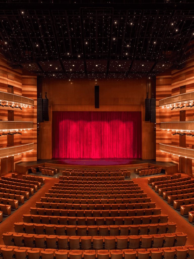 Elegant theater auditorium with red velvet curtains, plush seating, and starry ceiling for live entertainment and performances.