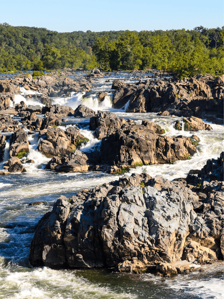 Vibrant river with cascading waterfalls surrounded by lush green trees and rocky terrain, ideal for outdoor adventure.