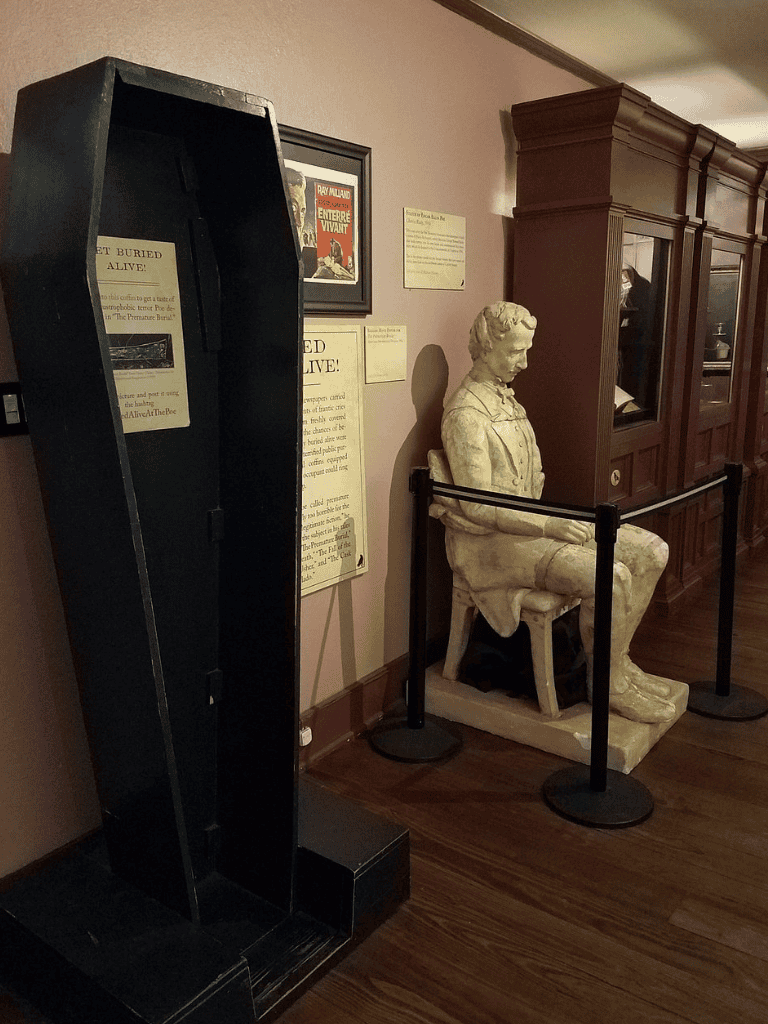 Morgue body in a coffin display at Quest for Directions museum exhibit in the US.