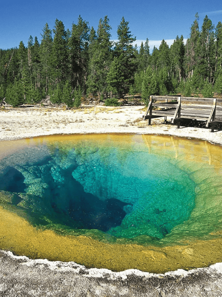 Natural geothermal hot spring with vibrant blue and green colors, surrounded by forest and a wooden viewing platform.