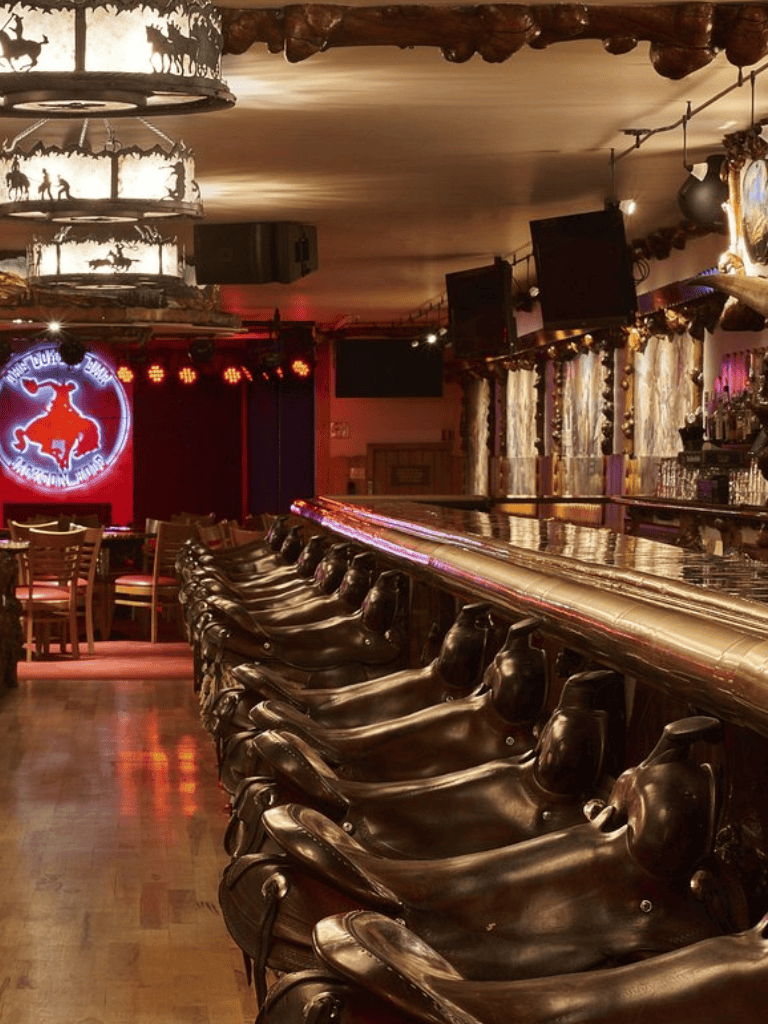 1. Cozy mountain-themed bar with leather chairs, rustic decor, and vibrant neon signs.