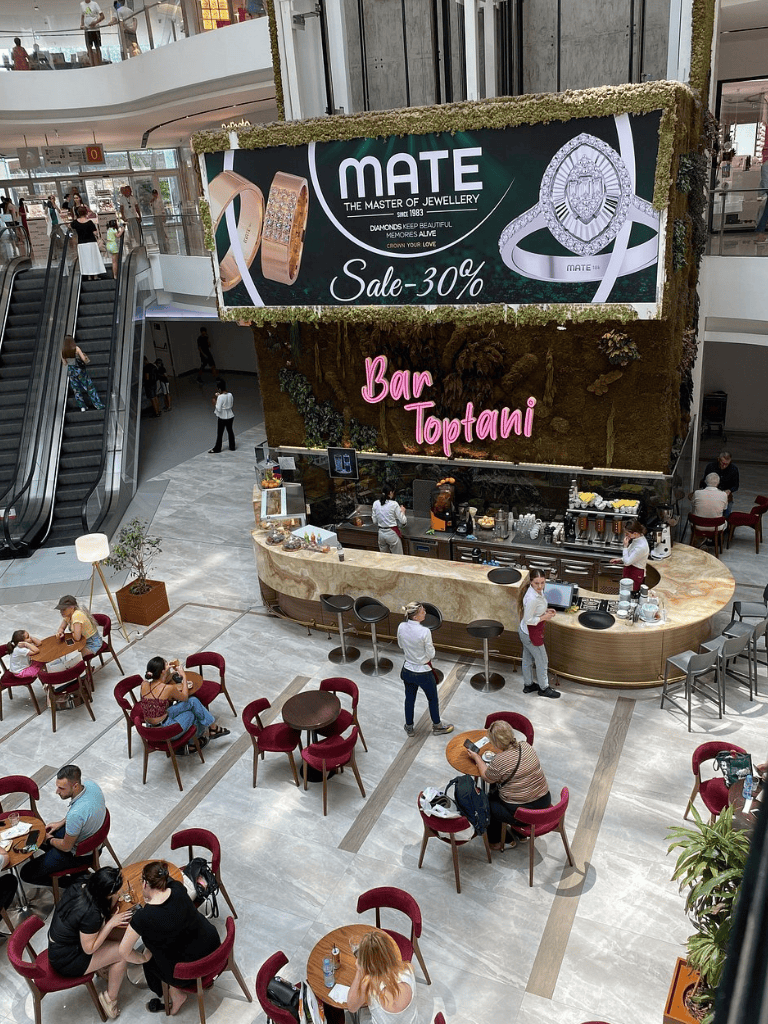 1. Bright shopping mall with stylish cafe and jewelry shop, escalators, and seating area.