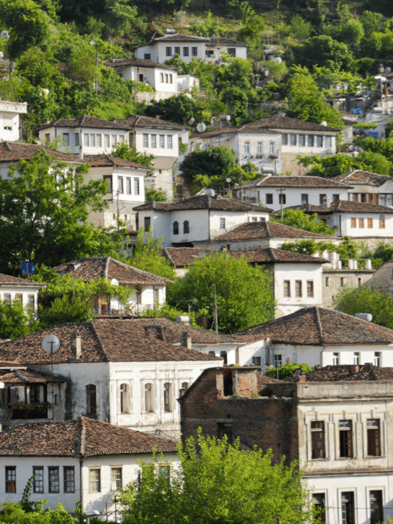 Traditional hillside houses in Bulgaria with white walls and red-tiled roofs, surrounded by lush green trees.