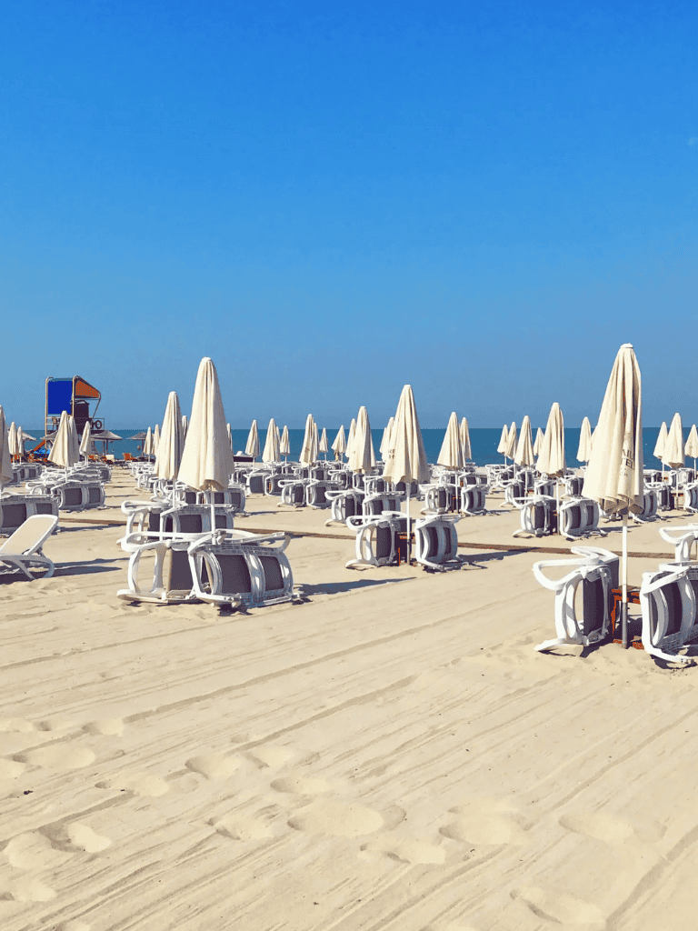 Accessible beach chairs and umbrellas on sandy shore for relaxing seaside experience.