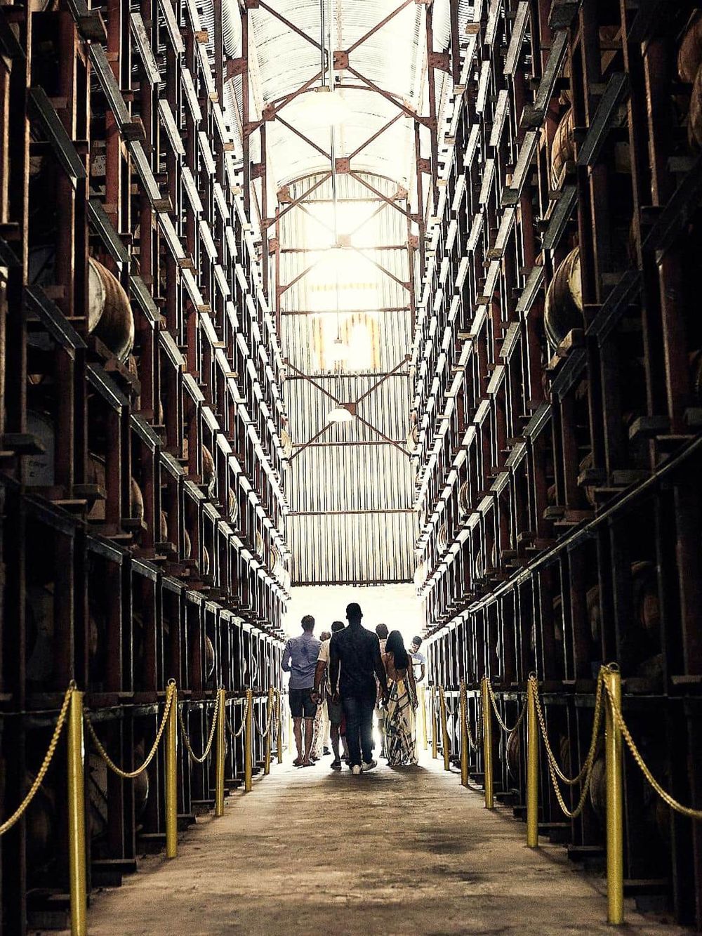 Vintage wine cellar with tall wooden racks filled with barrels and sunlight streaming in, showcasing wine storage and tasting events.