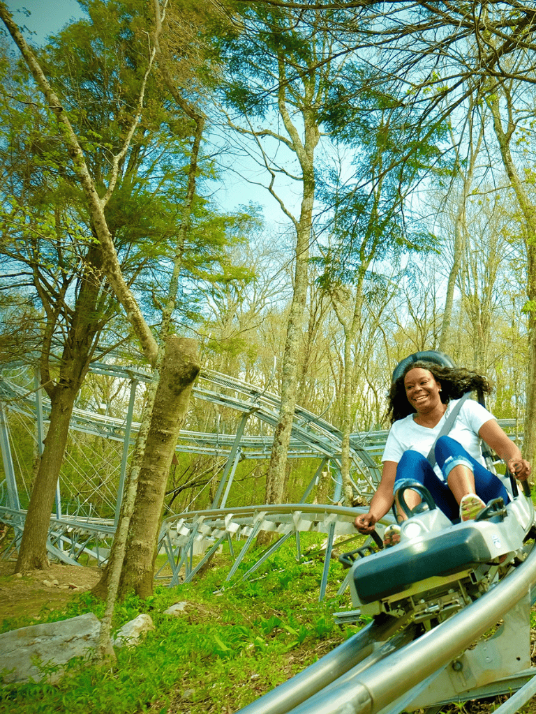 Thrilling roller coaster ride through wooded park with lush greenery, perfect for adventure seekers.