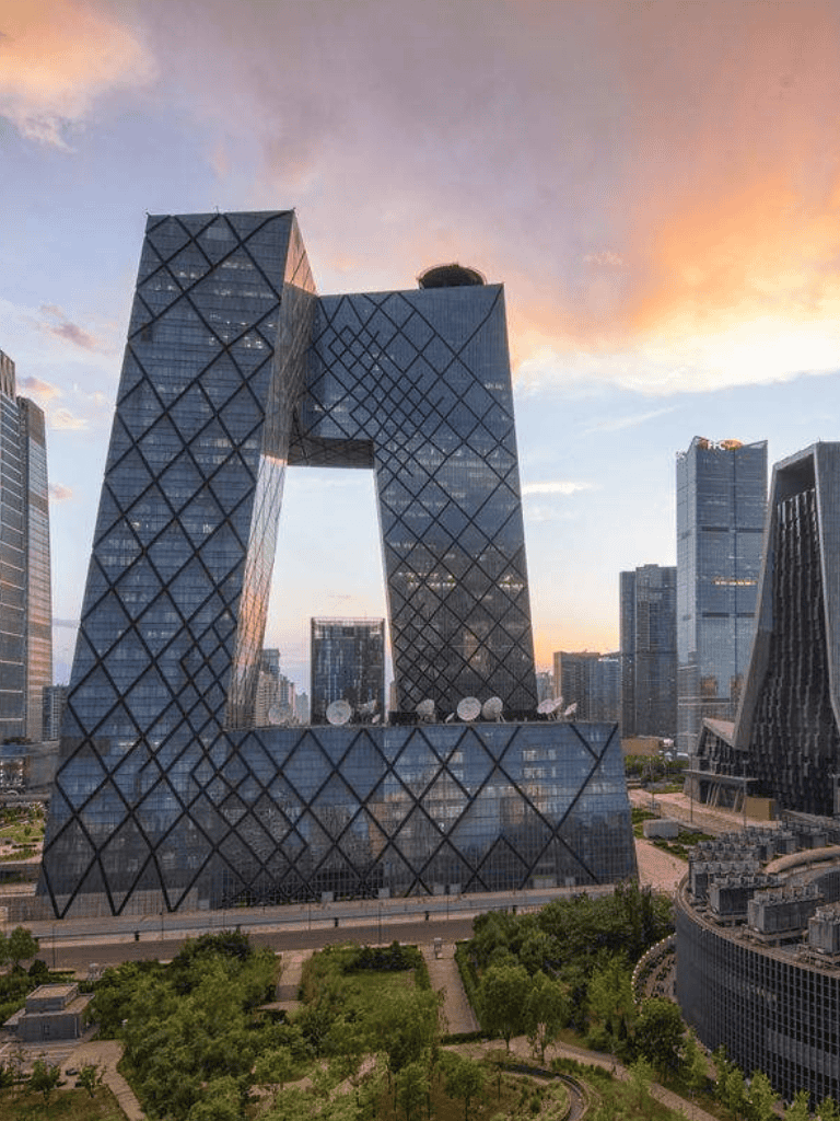 Innovative modern skyscraper in Beijing, China with unique architectural design and glass facade.