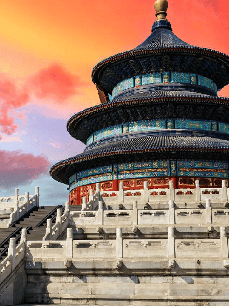 Ancient Chinese Temple at Sunset, Cultural Heritage, Architectural Landmark, Traveler Attraction.