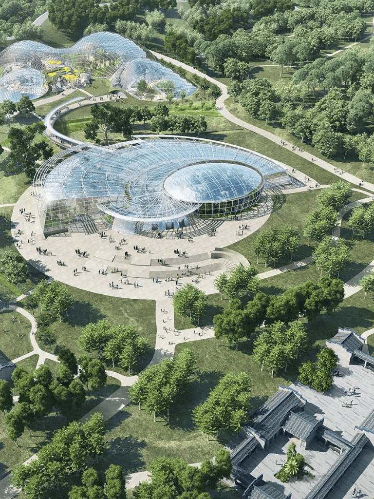 Futuristic glass conservatory garden with walkways and lush greenery, eco-friendly architecture design.