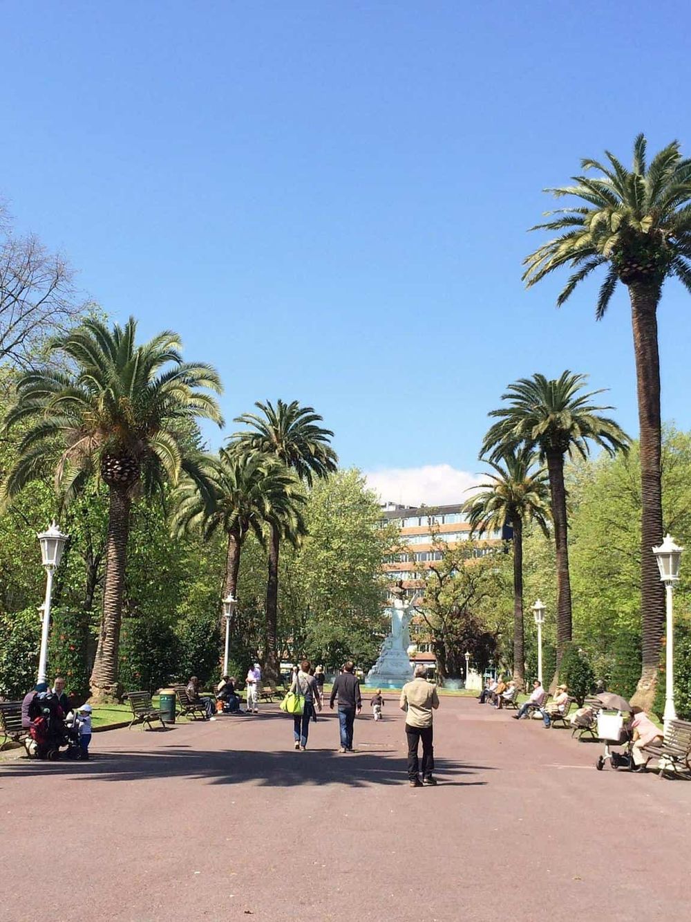 Lush park with tall palm trees and a fountain, perfect for city walking and outdoor relaxation.