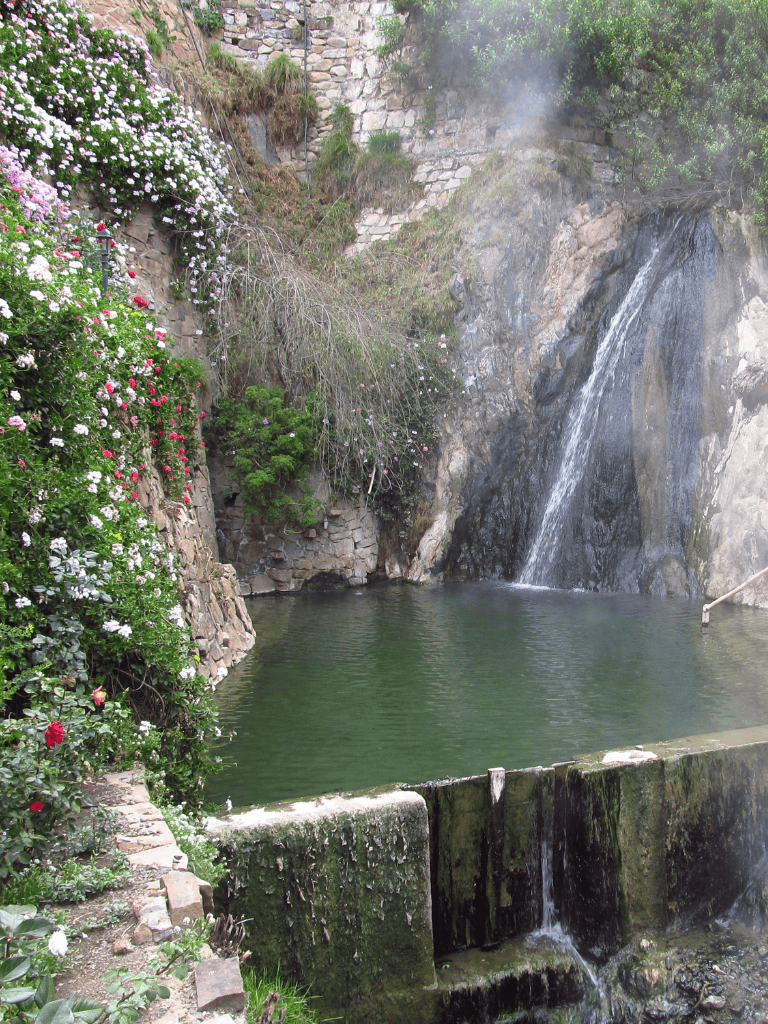 Serene waterfall and lush greenery at QuestForDirections scenic spot.