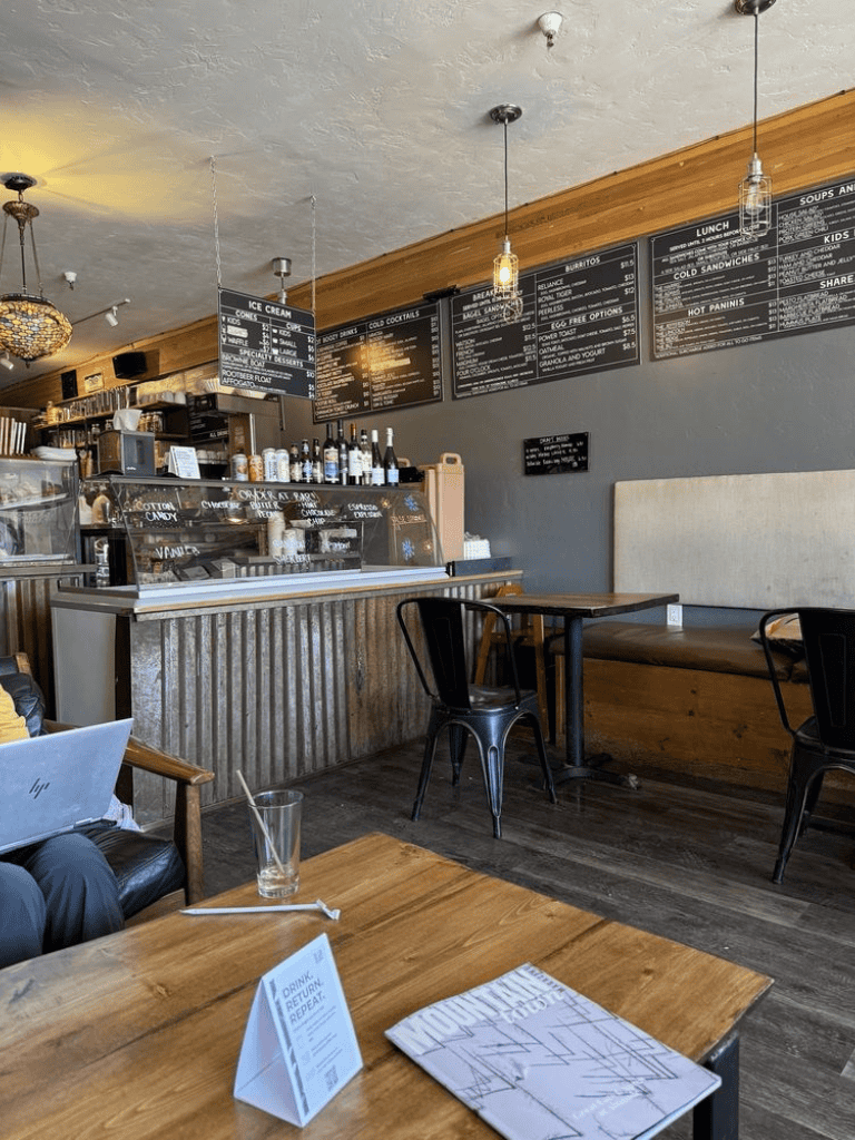 Casual coffee shop interior with menu boards and seating at QuestForDirections.