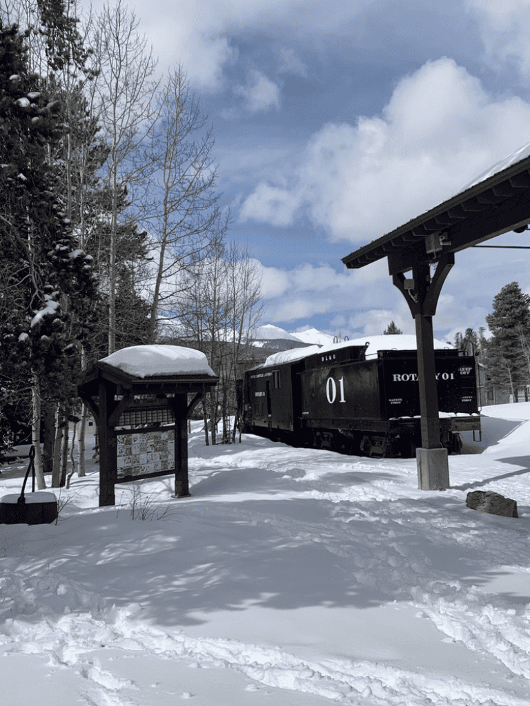 Railway station in snowy landscape with vintage train, mountain view, and cloudy sky.