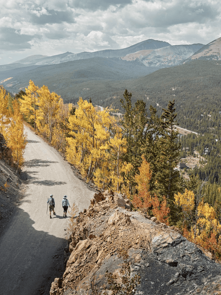 Scenic mountain trail with hikers in fall, lush pine trees, and panoramic mountain views.