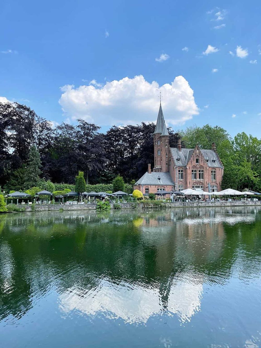 Beautiful historic castle with scenic lake reflection in lush green surroundings, ideal for sightseeing and photography.