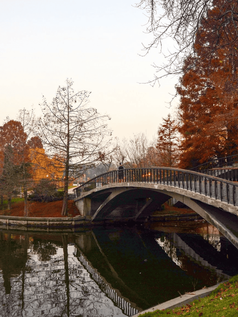 Quiet autumn park with stone bridge over calm water reflecting trees and sky.