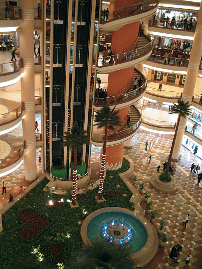 Bright shopping mall with multiple floors, central elevator, palm trees, and a decorative fountain.