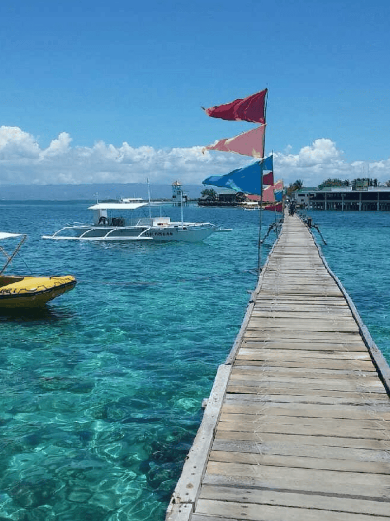 Vibrant tropical dock with colorful flags and boats on clear turquoise water, perfect for island adventures.