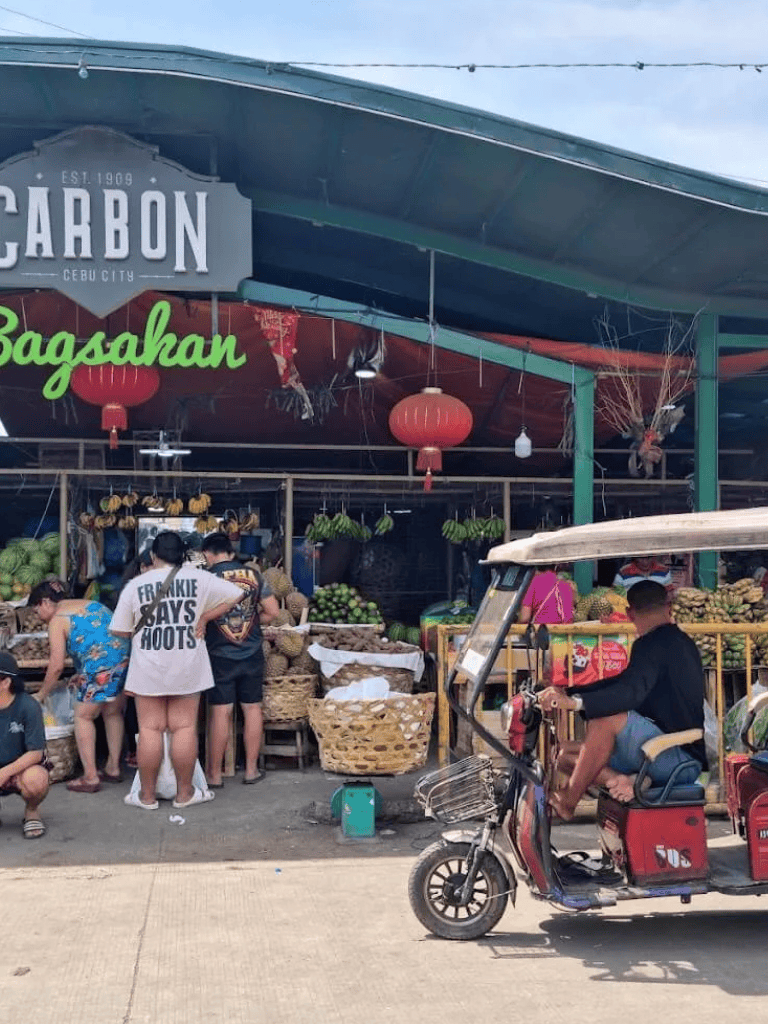 Colorful Cebu market scene with shoppers and tricycle in front.