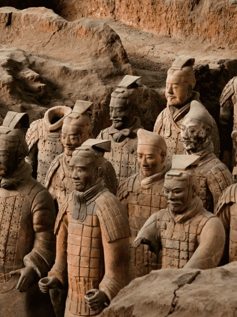 Ancient Chinese Terracotta Warriors museum, detailed clay sculptures of warriors, historical exploration, archaeological site.