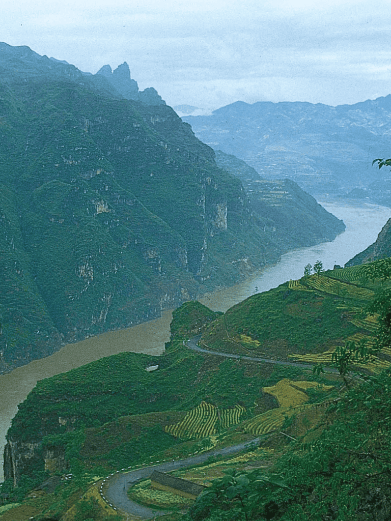 Lush green terraced fields along a winding mountain road near river valley in Vietnam.