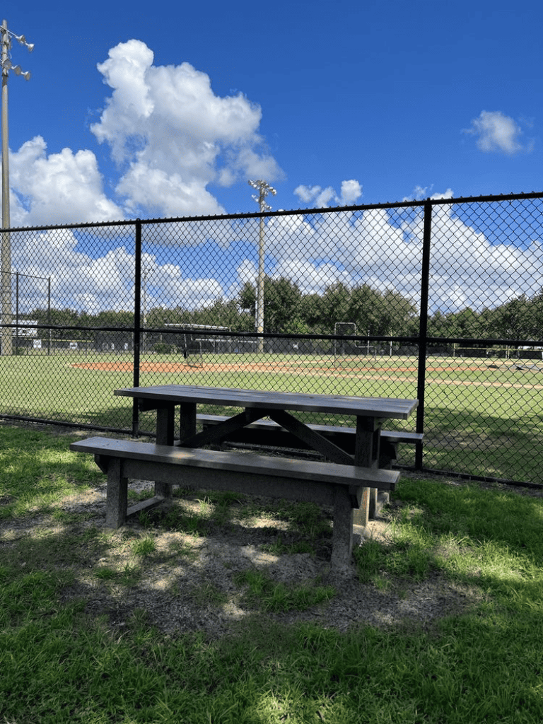 Empty baseball field view with chain-link fence and wooden bench, sunny sky, and playground in the background.