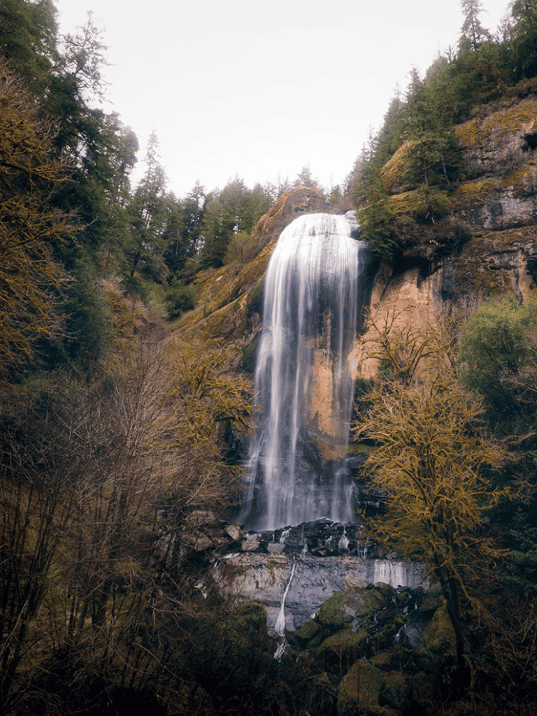 Serene waterfall cascading down rocky cliff surrounded by lush forest in nature scene.