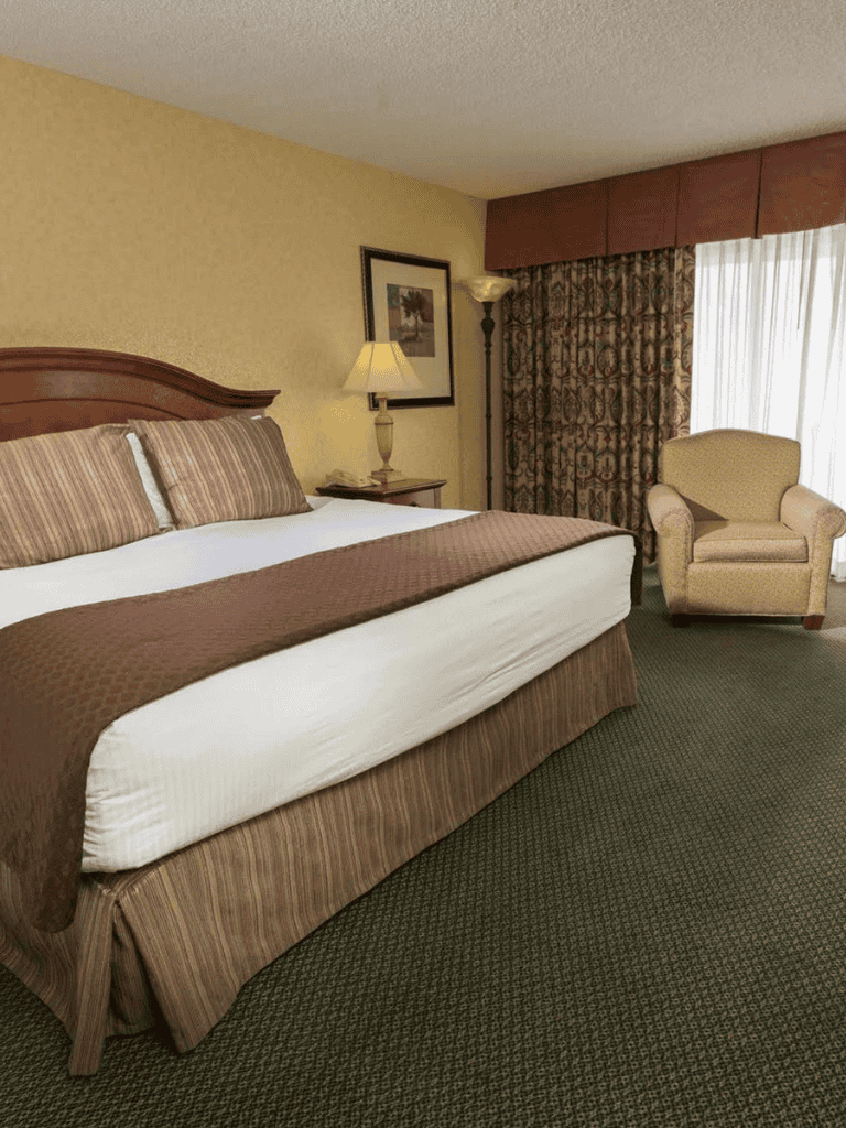 Comfortable hotel bedroom with cozy bed, reading chair, and classic decor, ideal for relaxing stays.