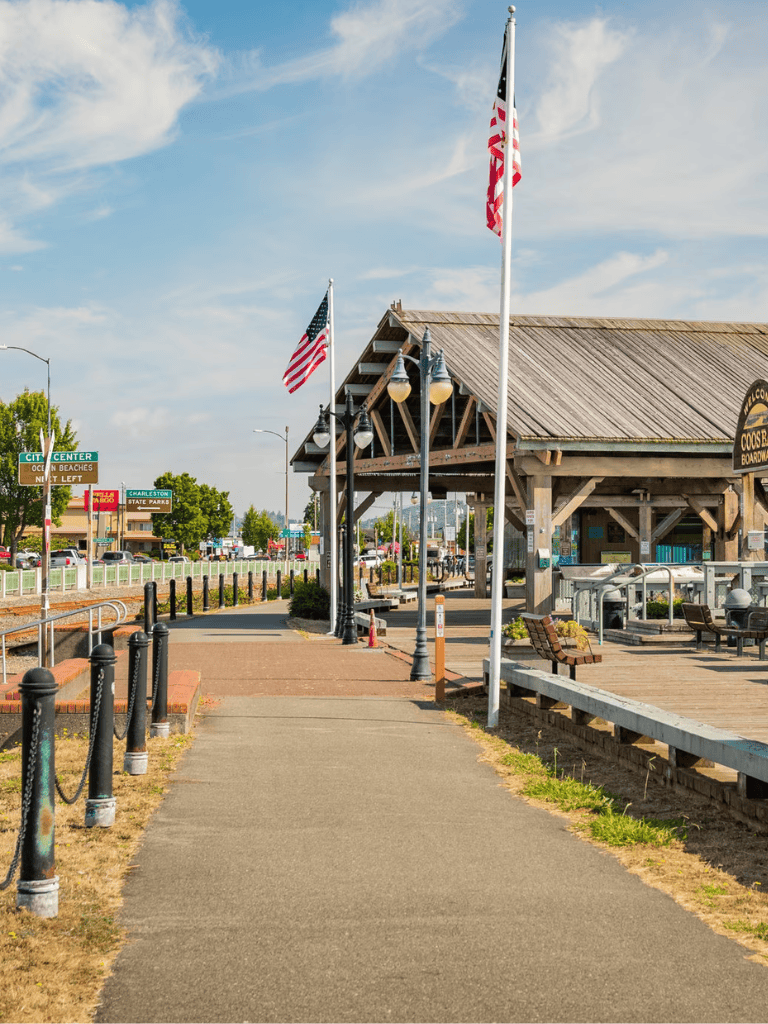 American flags at coastal boardwalk in Ocean City, Maryland, with scenic seaside atmosphere.