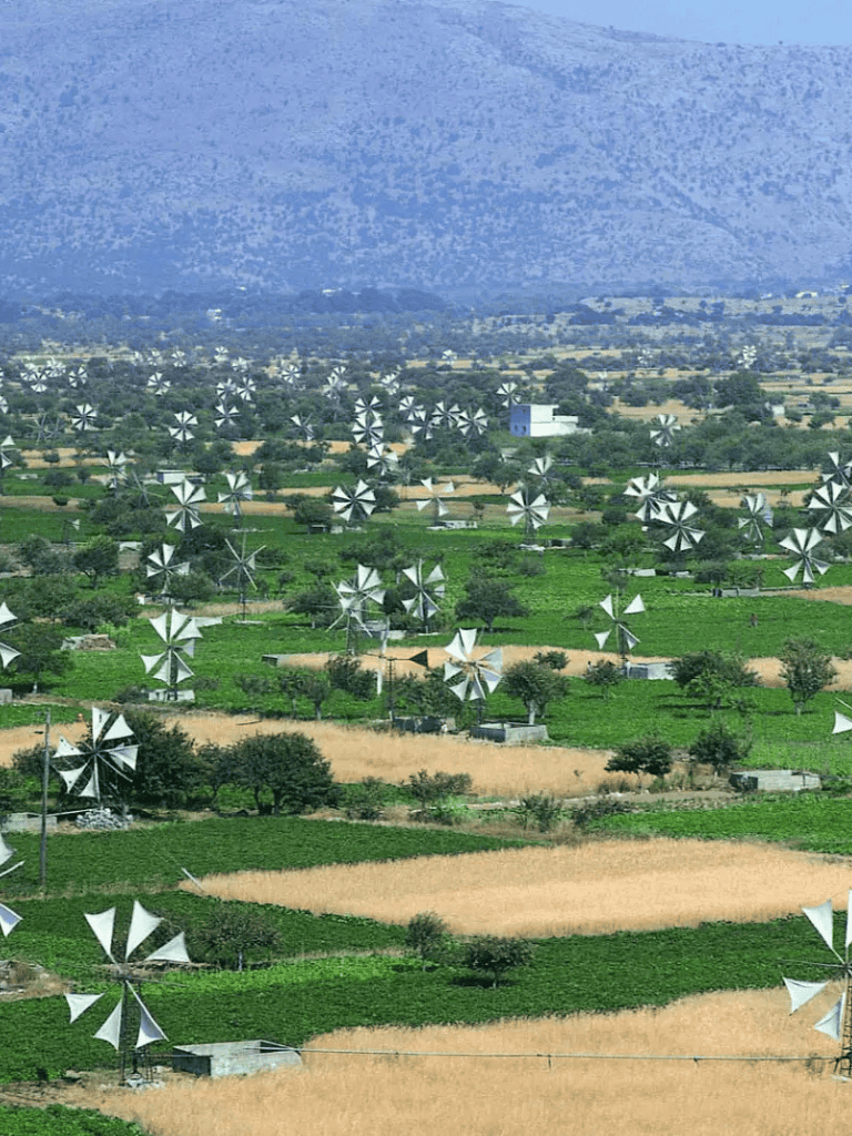 Wind turbines in lush green farmland with mountains in the background, promoting renewable energy and sustainable agriculture.