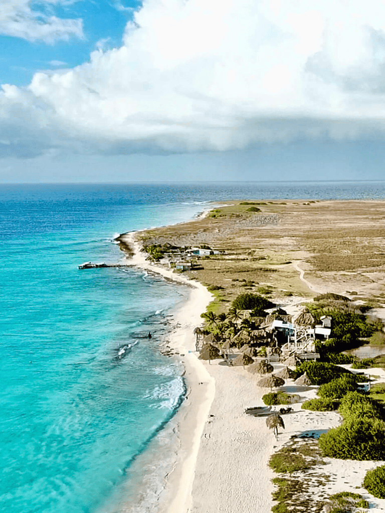 Breathtaking coastal view with turquoise waters, sandy beach, and tropical greenery.