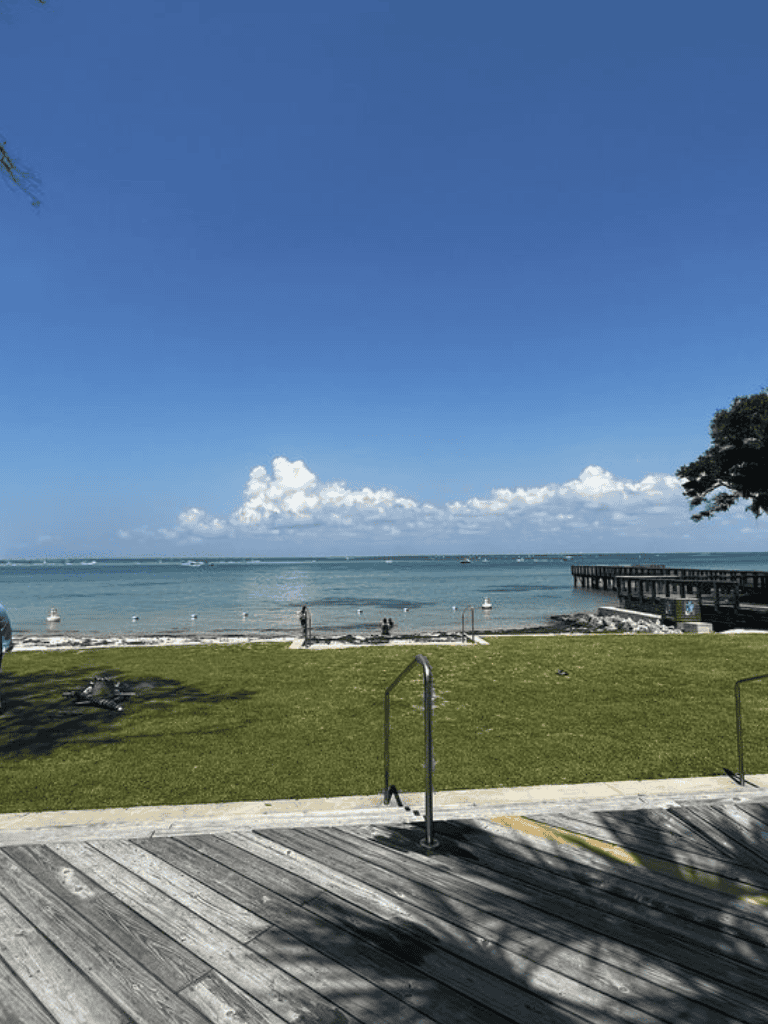Relaxing ocean view with a grassy shore, wooden deck, and clear blue sky at QuestForDirections destination.