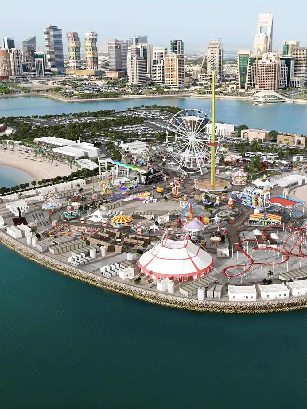 Vibrant urban amusement park with roller coasters, Ferris wheel, and waterfront views in a modern city setting.