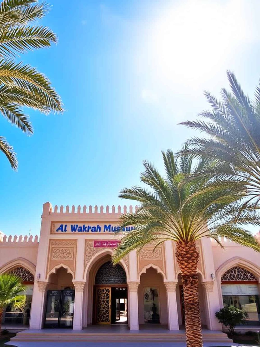 Colorful Moroccan-inspired building at Al Wakrah Museum with palm trees under bright blue sky.