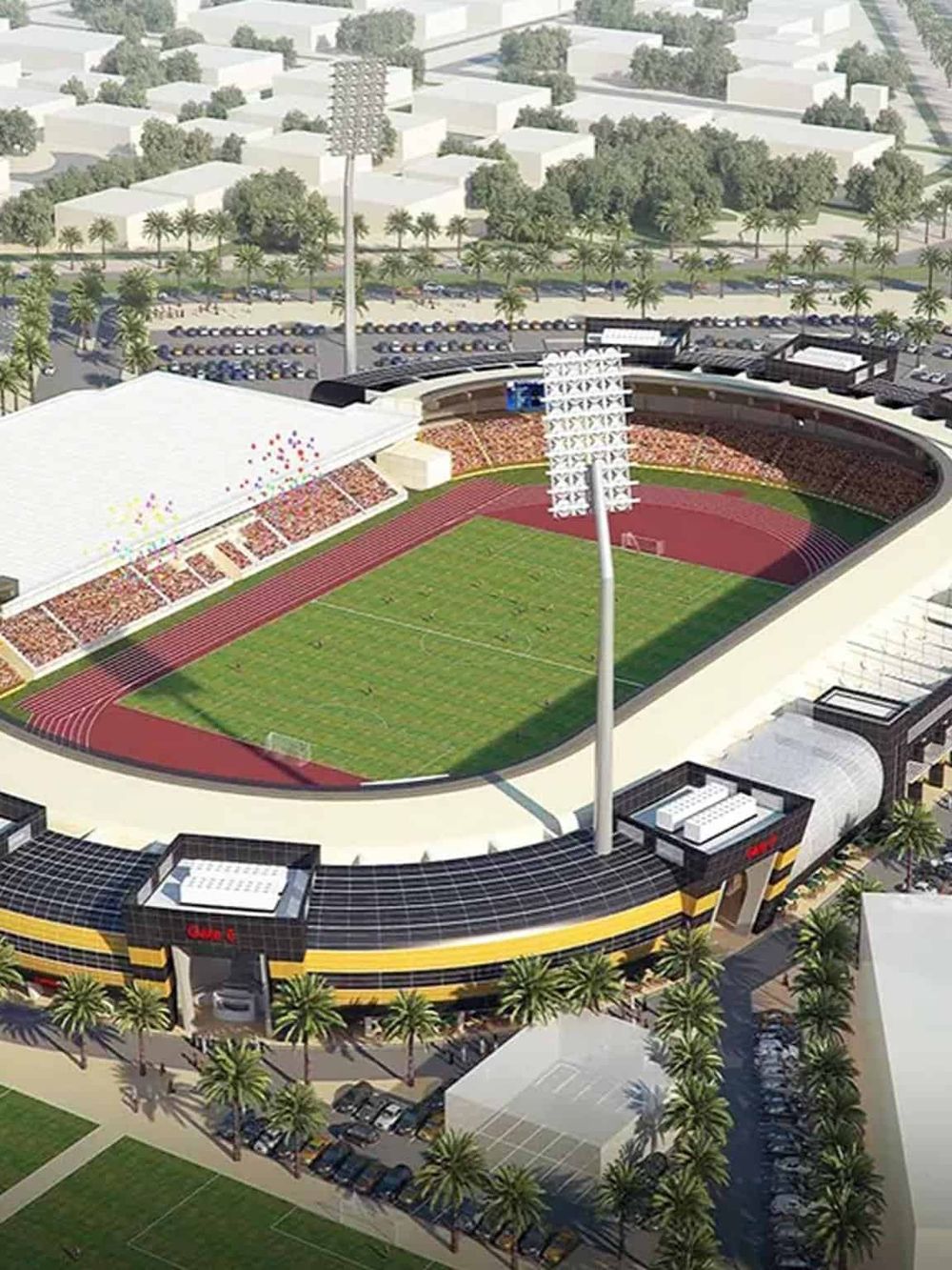 Aerial view of Quest for Directions stadium, a top sports and entertainment venue in Arizona, with lush soccer field and modern facilities.