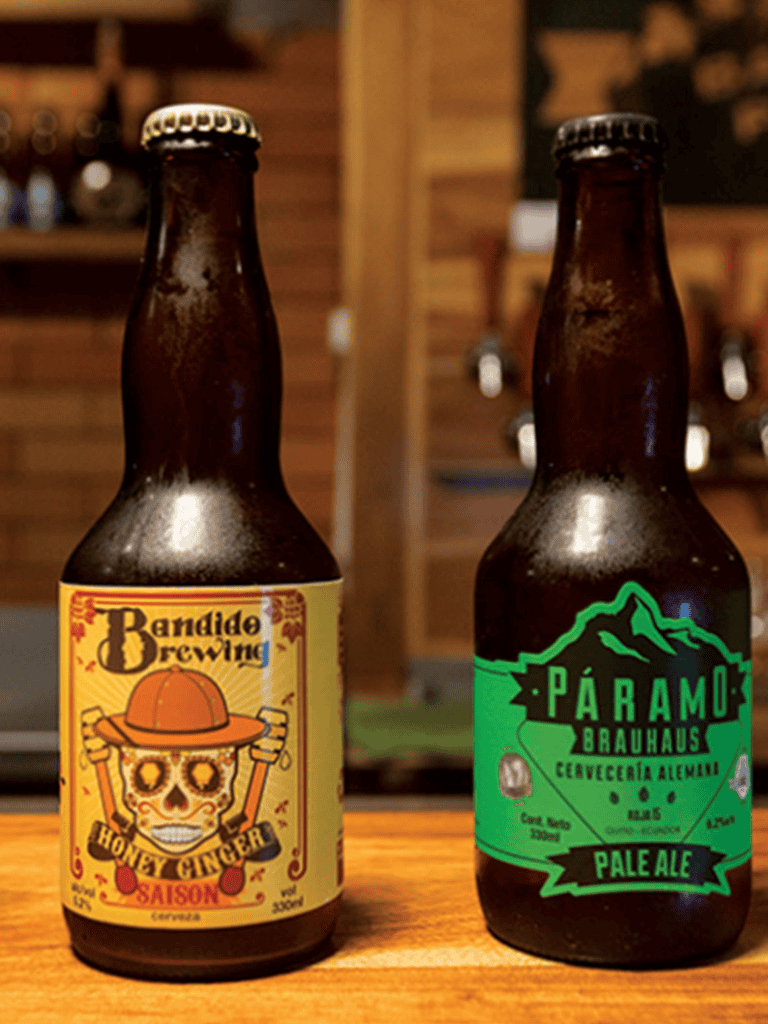 1. Two craft beer bottles featuring colorful labels on a wooden bar countertop.