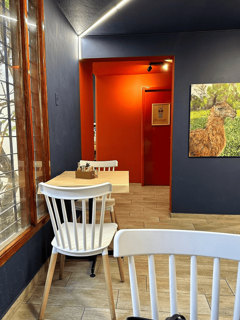 Cozy café interior with vibrant navy and orange walls, natural wood accents, and animal art decor, ideal for relaxing and dining.