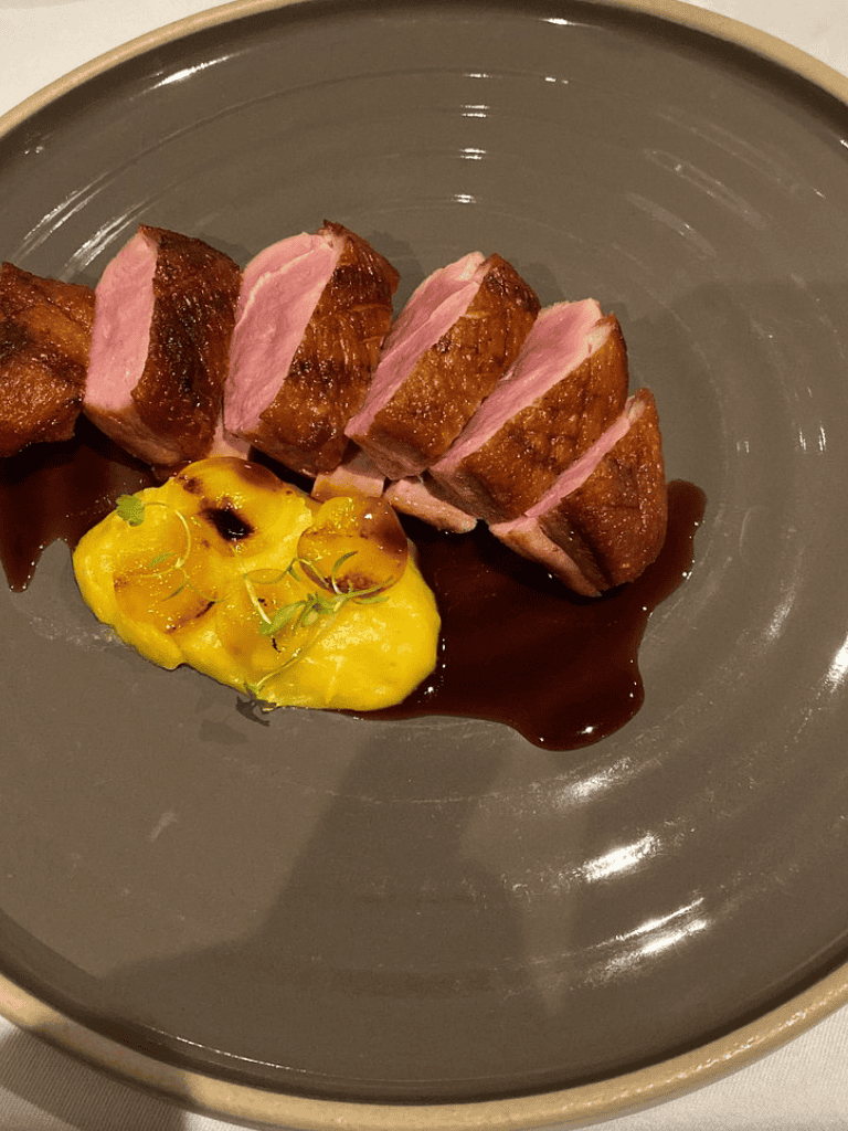 Seared duck breast with fruit and sauce, gourmet dish from QuestForDirections.