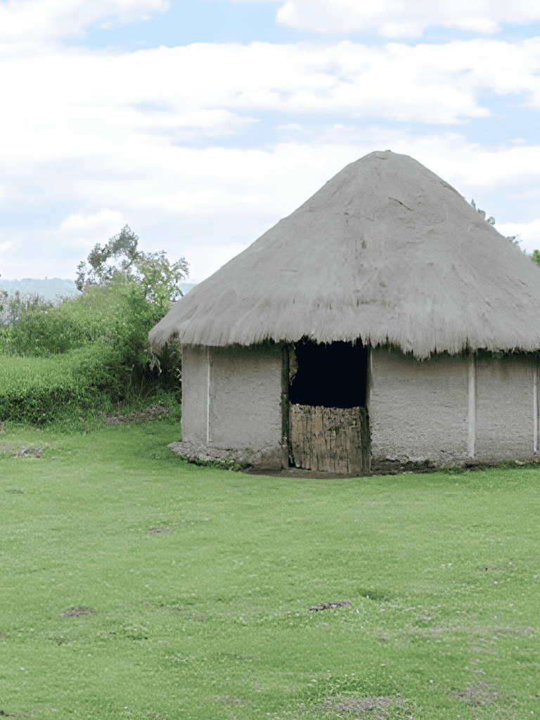 Traditional thatched hut in rural setting, showcasing African cultural architecture for travel guides.