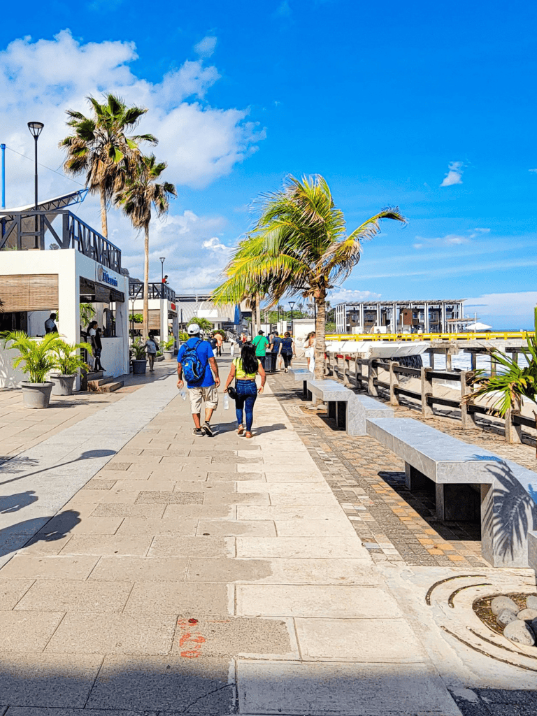 Bright seaside promenade with palm trees, people walking, and ocean view, perfect for travel and navigation.