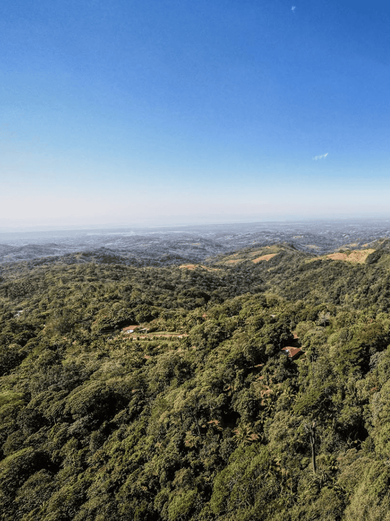 Lush green mountains and clear blue sky with distant city view on the horizon.